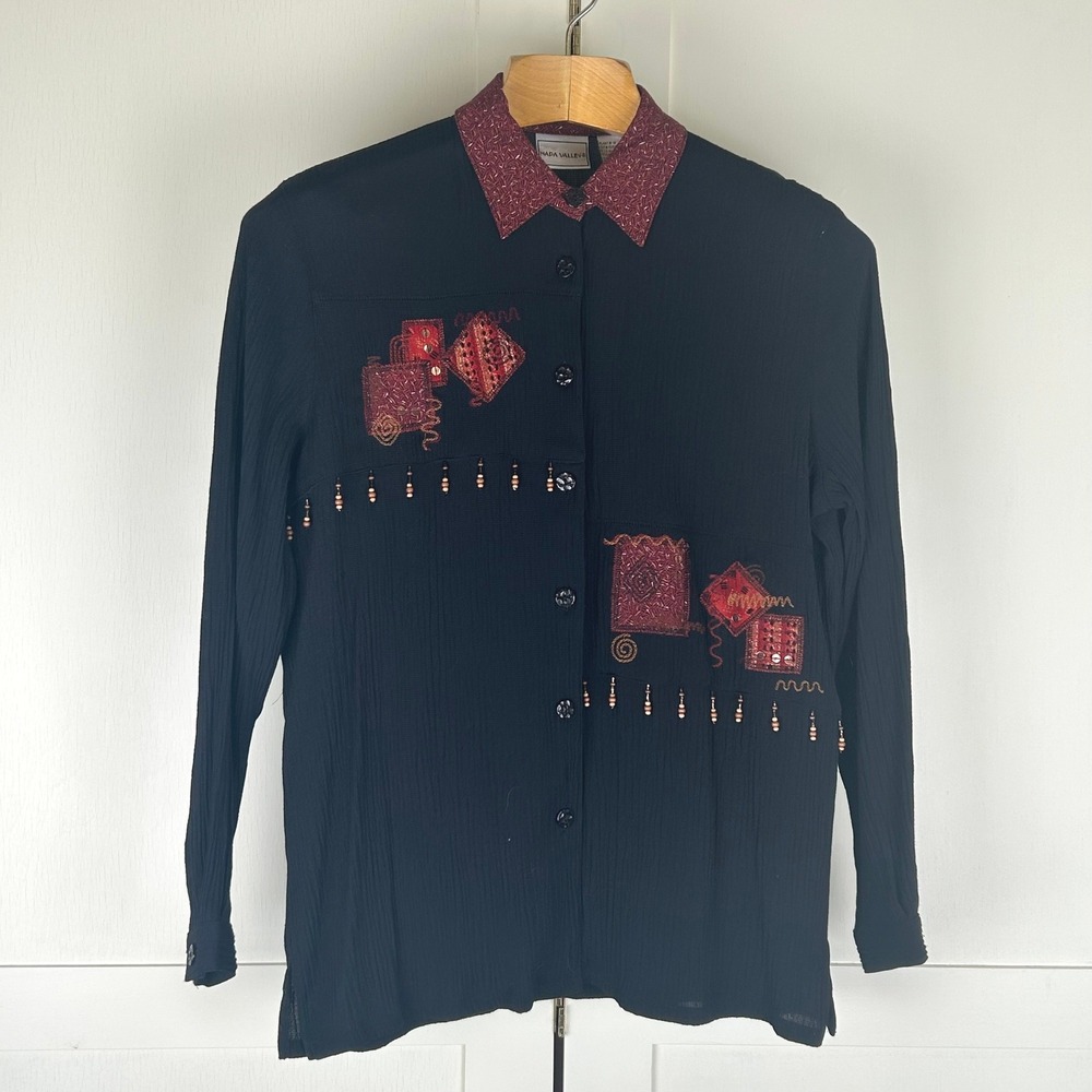 Vintage Napa Valley Blouse Womens M Black Embroidered Beaded Whimsigoth Boho
